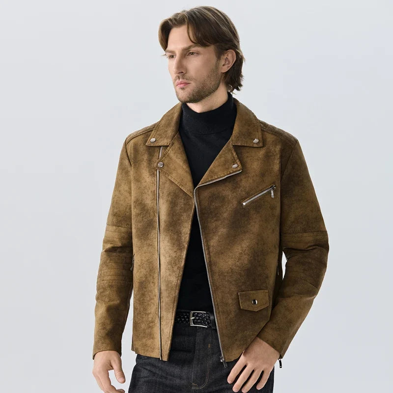 Herren-Motorradjacke mit asymmetrischem Schnitt und Reverskragen, verwaschenes Braun