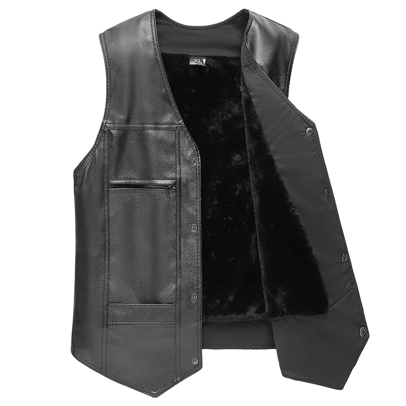Gilet nero da uomo senza maniche, foderato, stile giacca di pelle