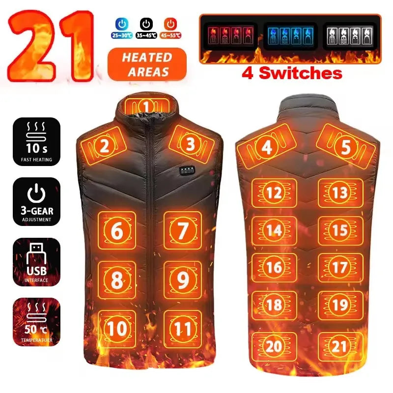 Chaleco calefactable unisex negro sin mangas con múltiples zonas calefactables