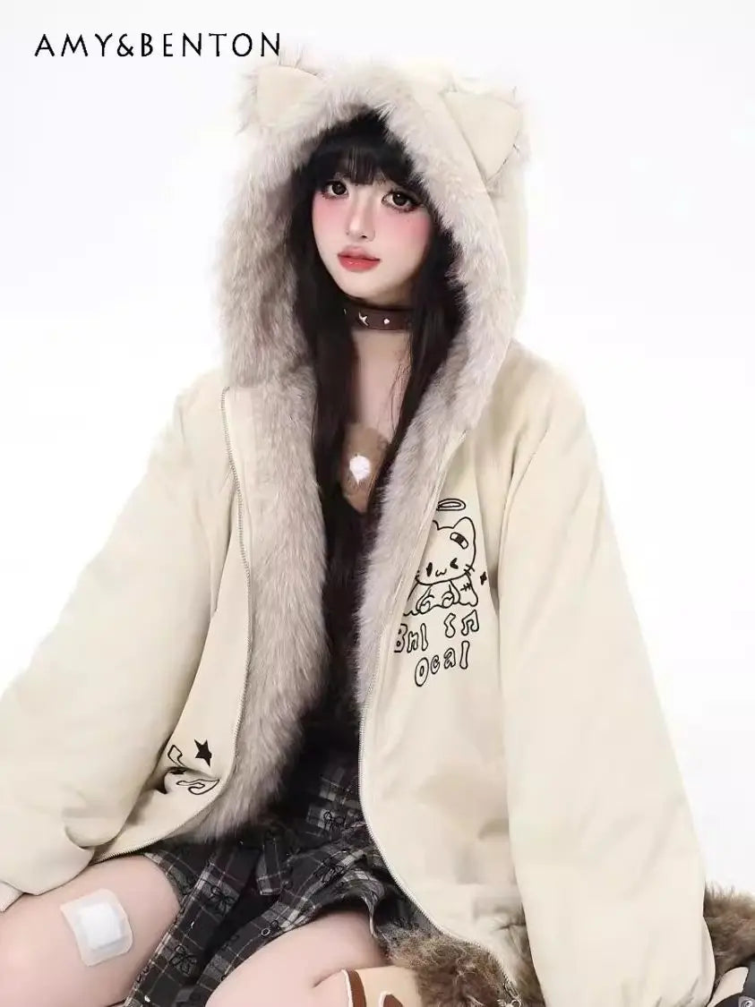 Damenkapuzenjacke mit Katzenohren und Kunstpelzbesatz