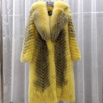 Manteau long pour femme en fausse fourrure à motif chevrons et col large
