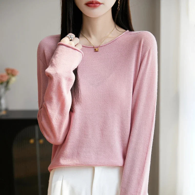 Suéter fino informal de mujer, de manga larga, cuello redondo y color liso