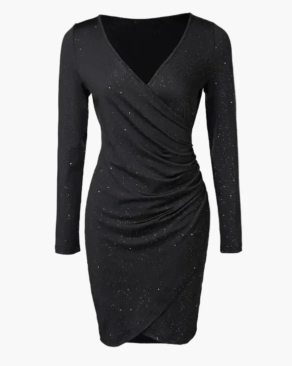 Elegant aftenkjole til kvinder med lange ærmer, slå-om-stil, galakse-look, chic og moderne