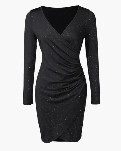 Elegant aftenkjole til kvinder med lange ærmer, slå-om-stil, galakse-look, chic og moderne