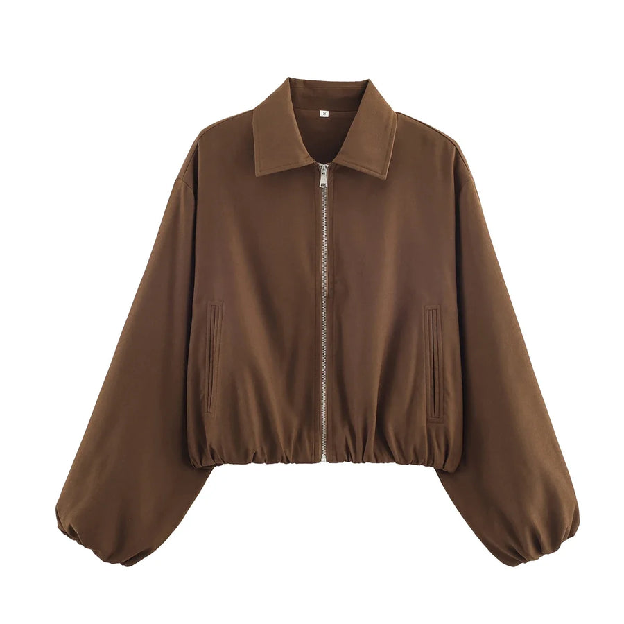 Women's Plain Short Women's Jacket with Zipper and Classic Collar