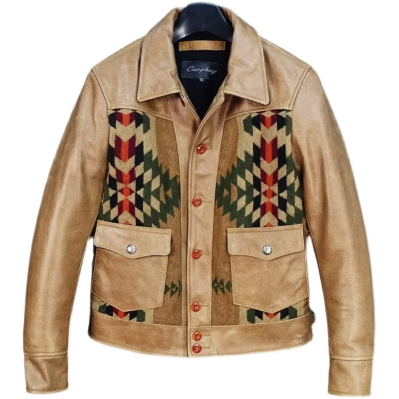 Veste Homme Patchwork Motifs Géométriques Col Chemise Boutons Style Western Beige