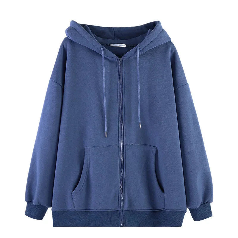Sweat à Capuche Zippé Unisexe Ample avec Poches et Cordon Bleu Marine