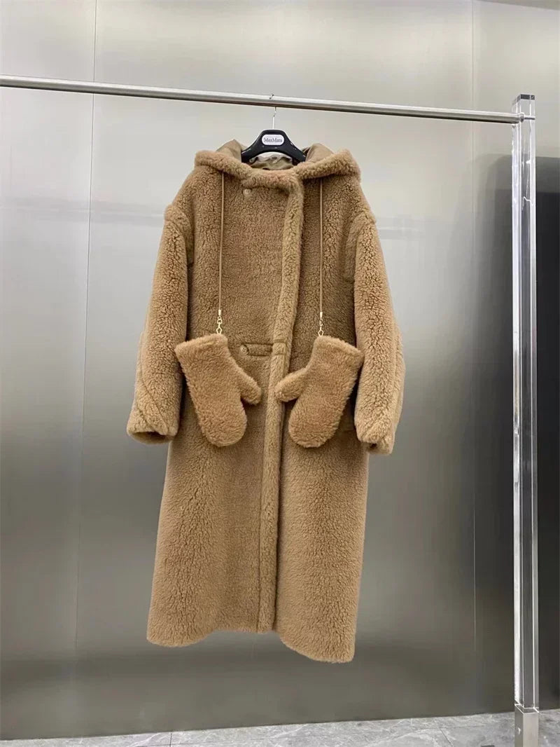Manteau long femme doux à capuche style Teddy avec moufles assorties