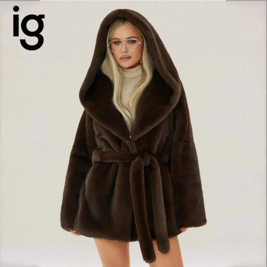 Manteau Doux à Capuche Effet Fourrure Marron pour Femme