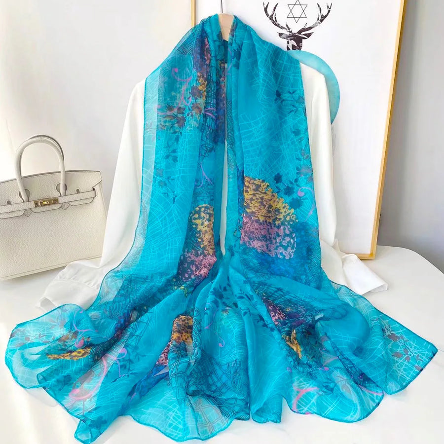 Lightweight women's scarf with landscape or floral patterns