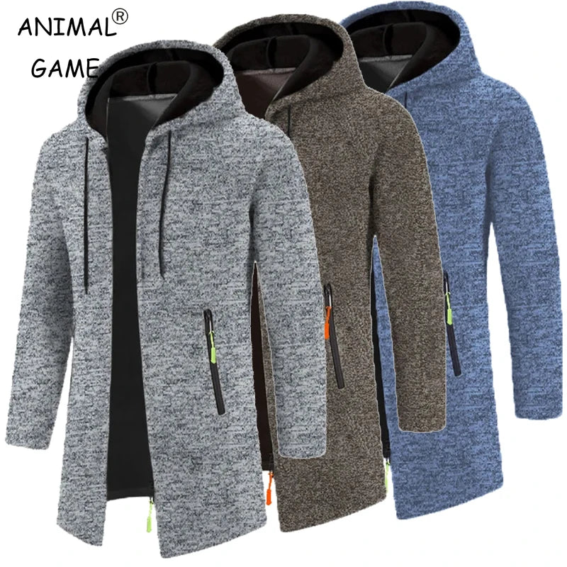 Manteau long homme style cardigan à capuche mélangée avec poches zippées