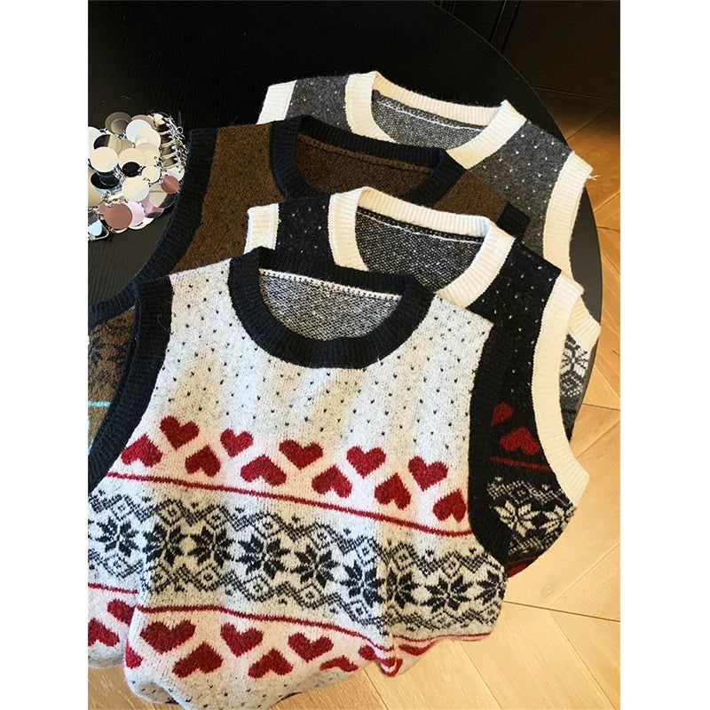 Gilet sans manches tricoté motif cœurs et flocons pour femme