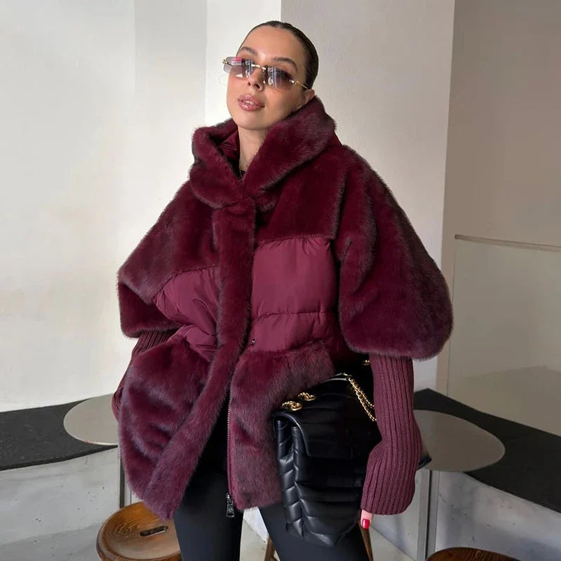 Manteau Femme Hiver Doux Capuche Panneaux Fausse Fourrure Matelassé Manches Longues