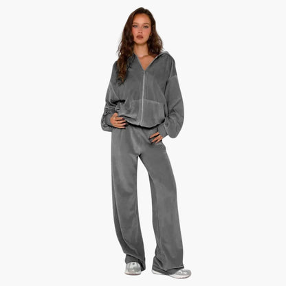 Ensemble Décontracté Style Coréen Femme – Veste à Capuche Zippée et Pantalon Large
