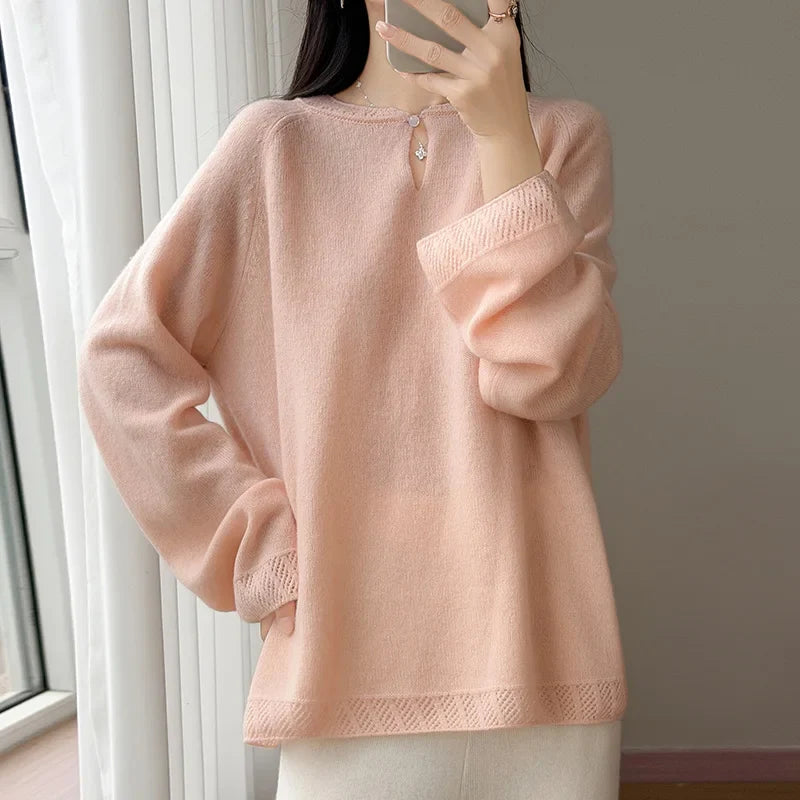 Pull en maille doux pour femme Col rond Manches longues Rose clair