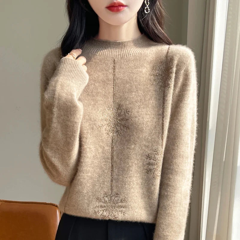 Pull femme col montant rouge à motifs flocons strass manches longues