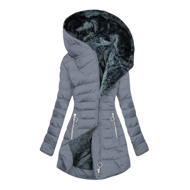 Women's long quilted puffer jacket with faux-fur-lined hood and decorative zippers
