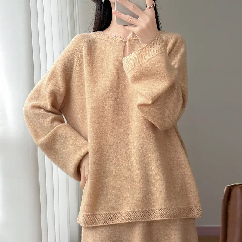 Pull en maille doux pour femme Col rond Manches longues Rose clair
