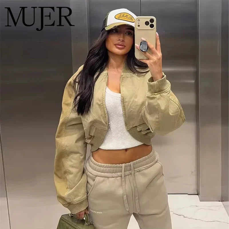 Blouson Bomber Femme Court Vert Kaki Col Relevé Manches Longues