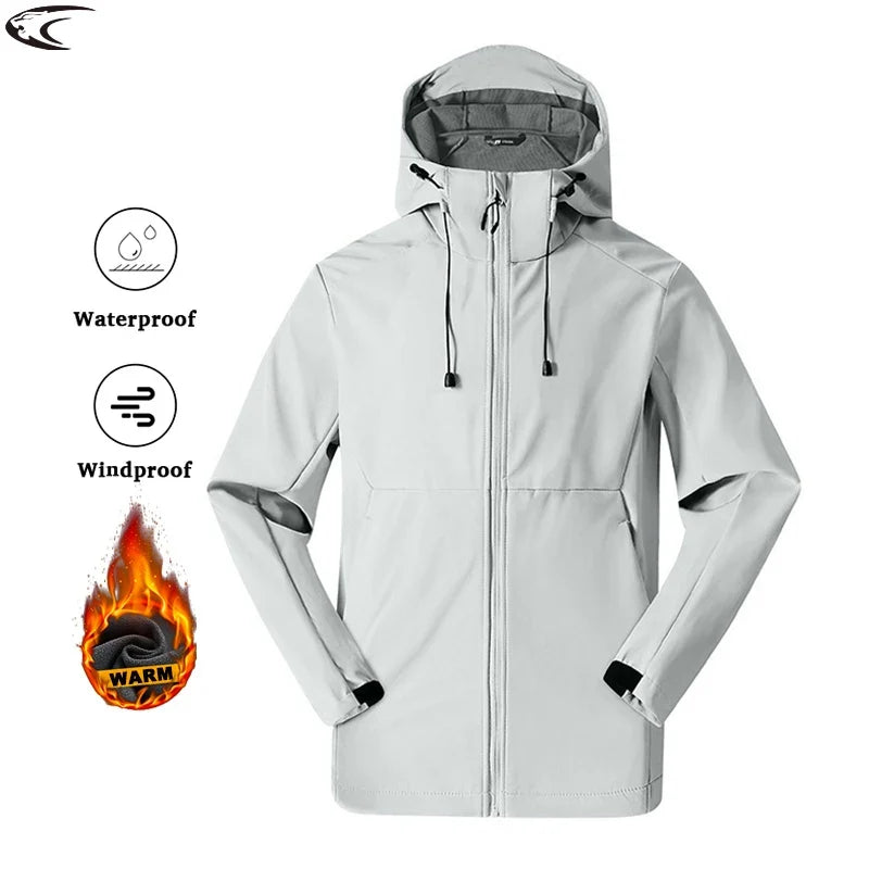 Men's Hooded Waterproof and Windproof Jacket with Fleece Lining