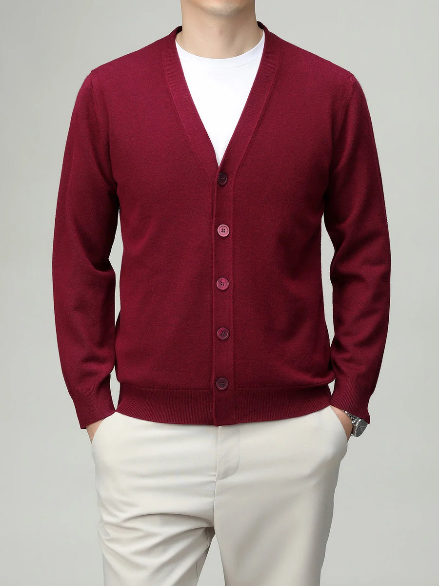 Chaleco cardigan ligero de color liso para hombre con cuello de pico, botones y mangas largas
