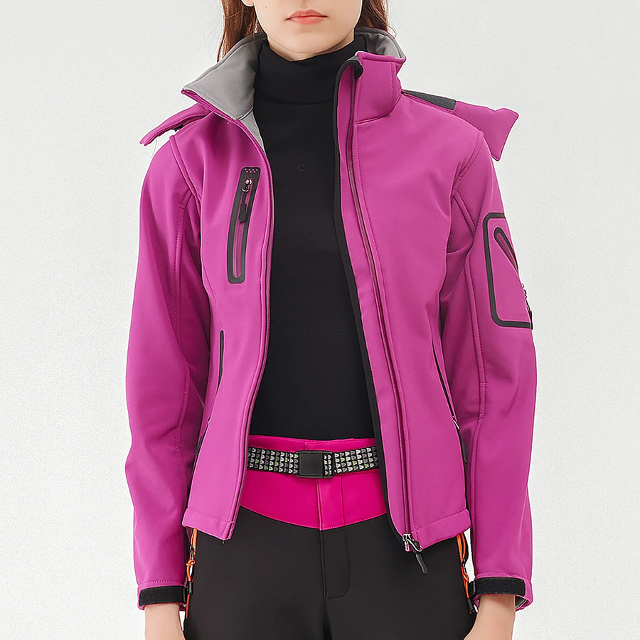 Veste Softshell Femme Zippée Imperméable Respirante Coupe-Vent avec Capuche Amovible