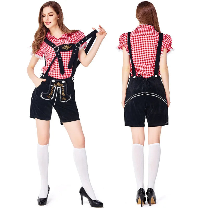 Damen-Lederhosen-Set mit Karomuster, Hemd und Träger-Shorts im bayerischen Stil