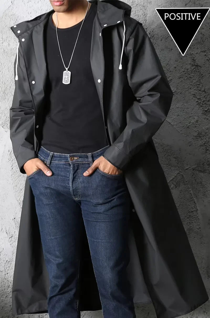 Imperméable Long Noir Unisexe avec Capuche et Boutons