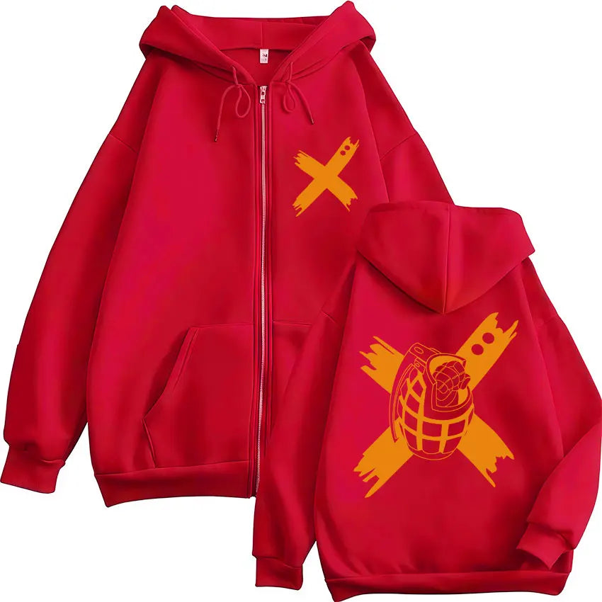 Sweat à capuche zippé imprimé motif fantaisie avec poches kangourou