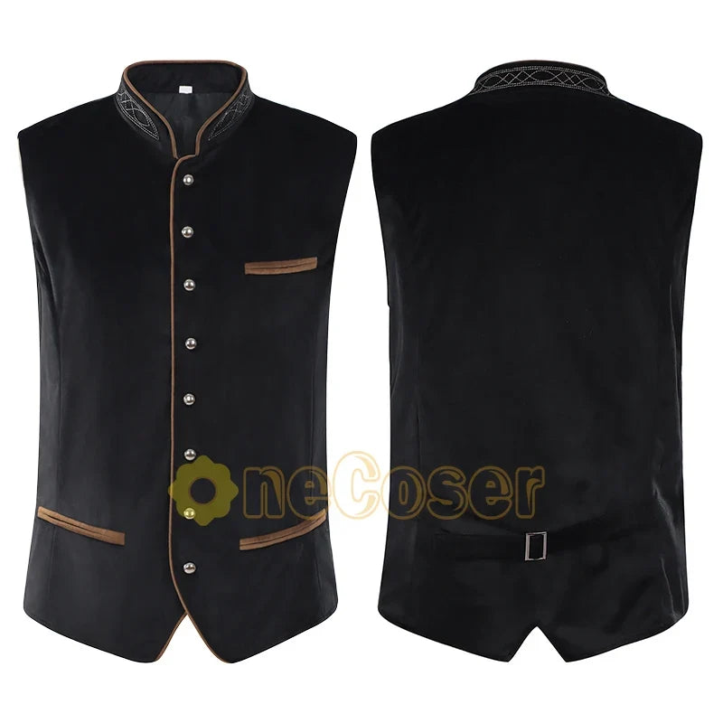 Gilet da uomo in stile tradizionale, collo alto ricamato, bottoni decorativi, nero, rosso o verde