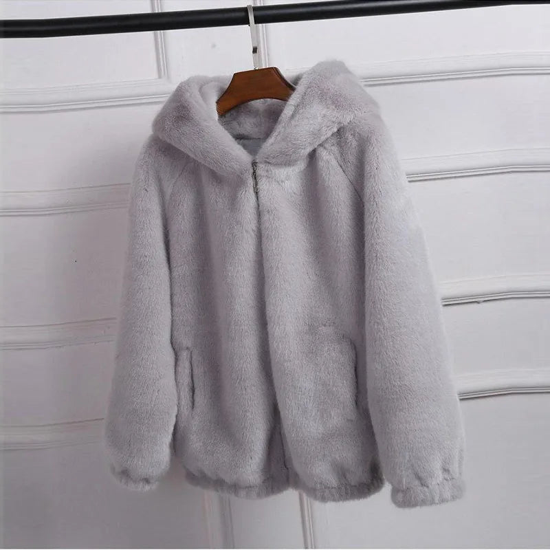 Women's Short Soft Faux Fur Hooded Jacket with Elasticized Waist