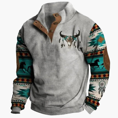 Maglione Uomo Stile Western Vintage con Stampa Etnica e Collo Alto – Casual e alla Moda
