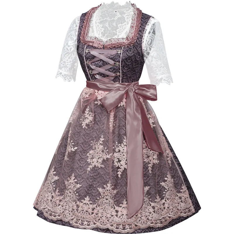 Traditionel dirndl-kjole til kvinder i rosa og grå med blonde og korte ærmer
