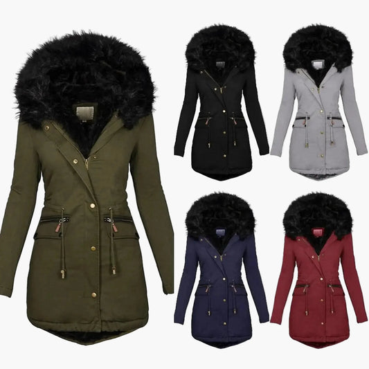 Cappotto Invernale Elegante da Donna con Cappuccio e Pelliccia – Stile Europeo Medio-Lungo per Tempo Freddo