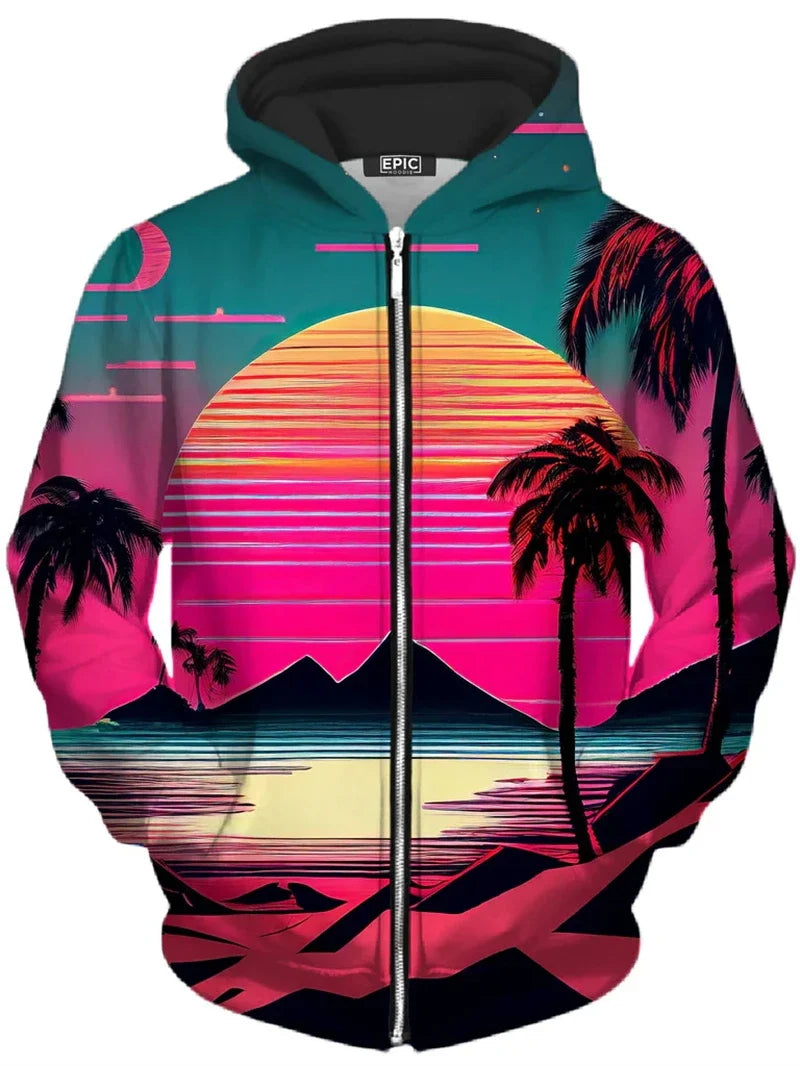 Felpa con cappuccio con zip e stampa grafica di albero e paesaggio colorati