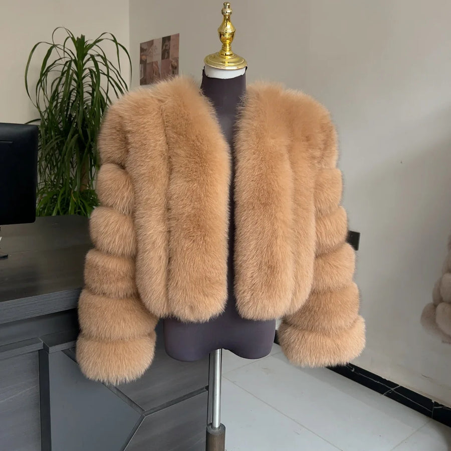 Veste courte femme à manches longues en fourrure douce aspect hiver chaud élégant blanc