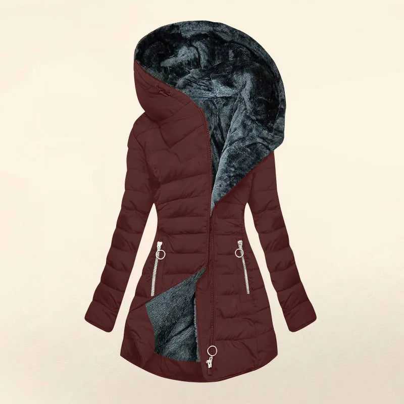 Women's long quilted puffer jacket with faux-fur-lined hood and decorative zippers