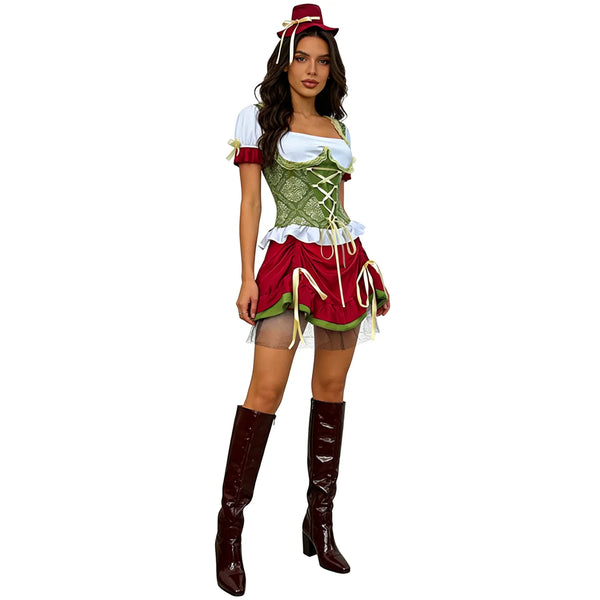 Déguisement Dirndl Femme Rouge Vert Blanc avec Jupe Courte Corset et Chapeau