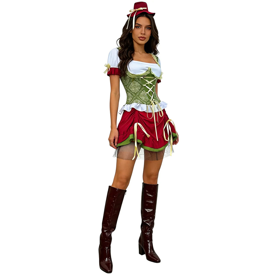 Déguisement Dirndl Femme Rouge Vert Blanc avec Jupe Courte Corset et Chapeau