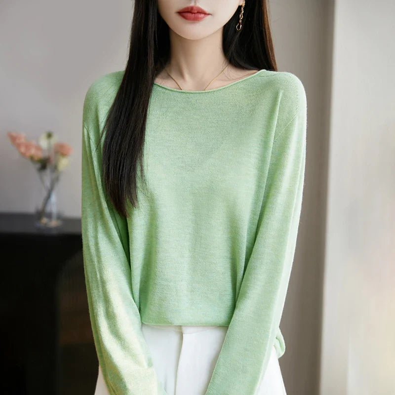 Suéter fino informal de mujer, de manga larga, cuello redondo y color liso