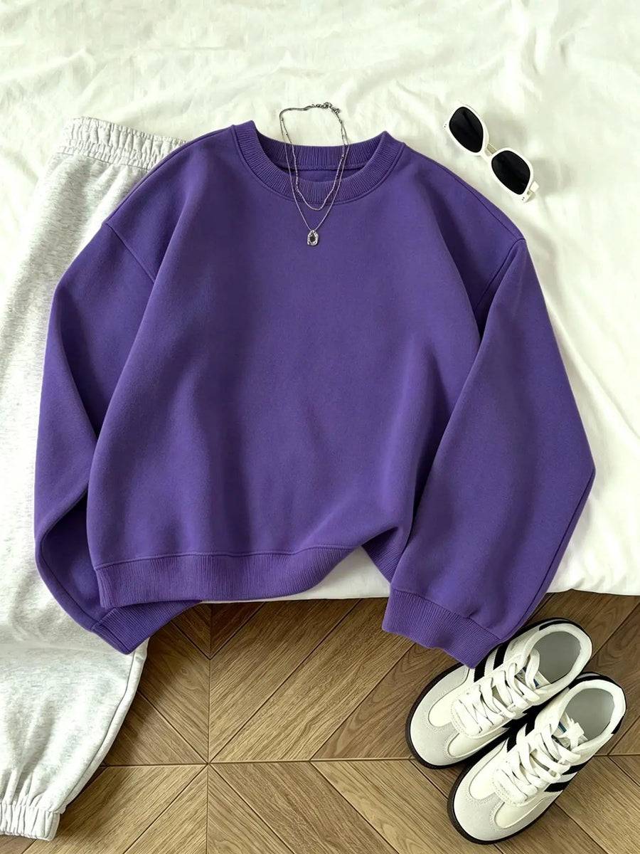 Sudadera informal para mujer con cuello redondo, corte holgado y color gris oscuro