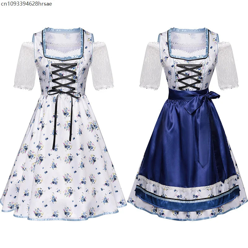 Robe Dirndl Traditionnelle Femme Bleu Blanc Fleurie avec Tablier et Chemisier