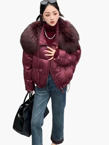 Chaqueta acolchada para mujer estilo urbano con cuello de piel, corte relajado, ideal para invierno