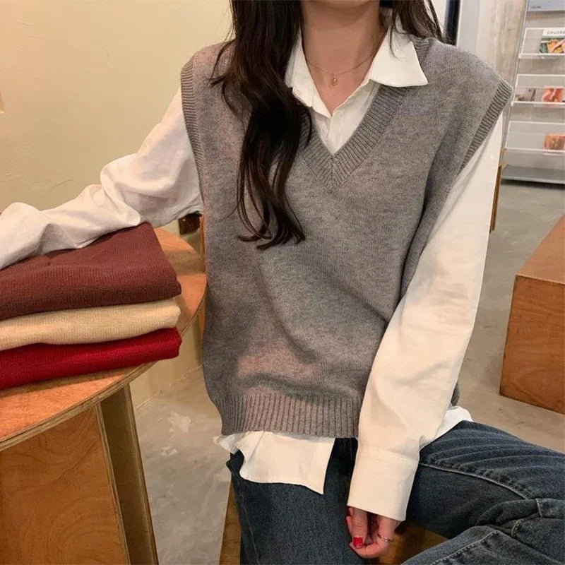 Damesgilet zonder mouwen van effen gebreide stof met V-hals, casual stijl