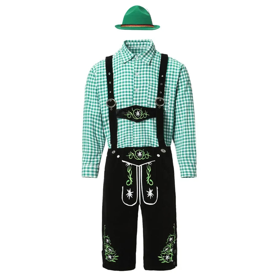 Completo da uomo in pelle con pantaloni corti tradizionali verdi a quadri e marroni ricamati oppure neri ricamati