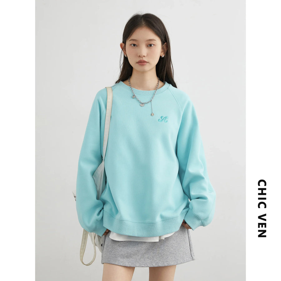 Sweatshirt Femme Col Rond Bleu Clair Manches Longues Brodées