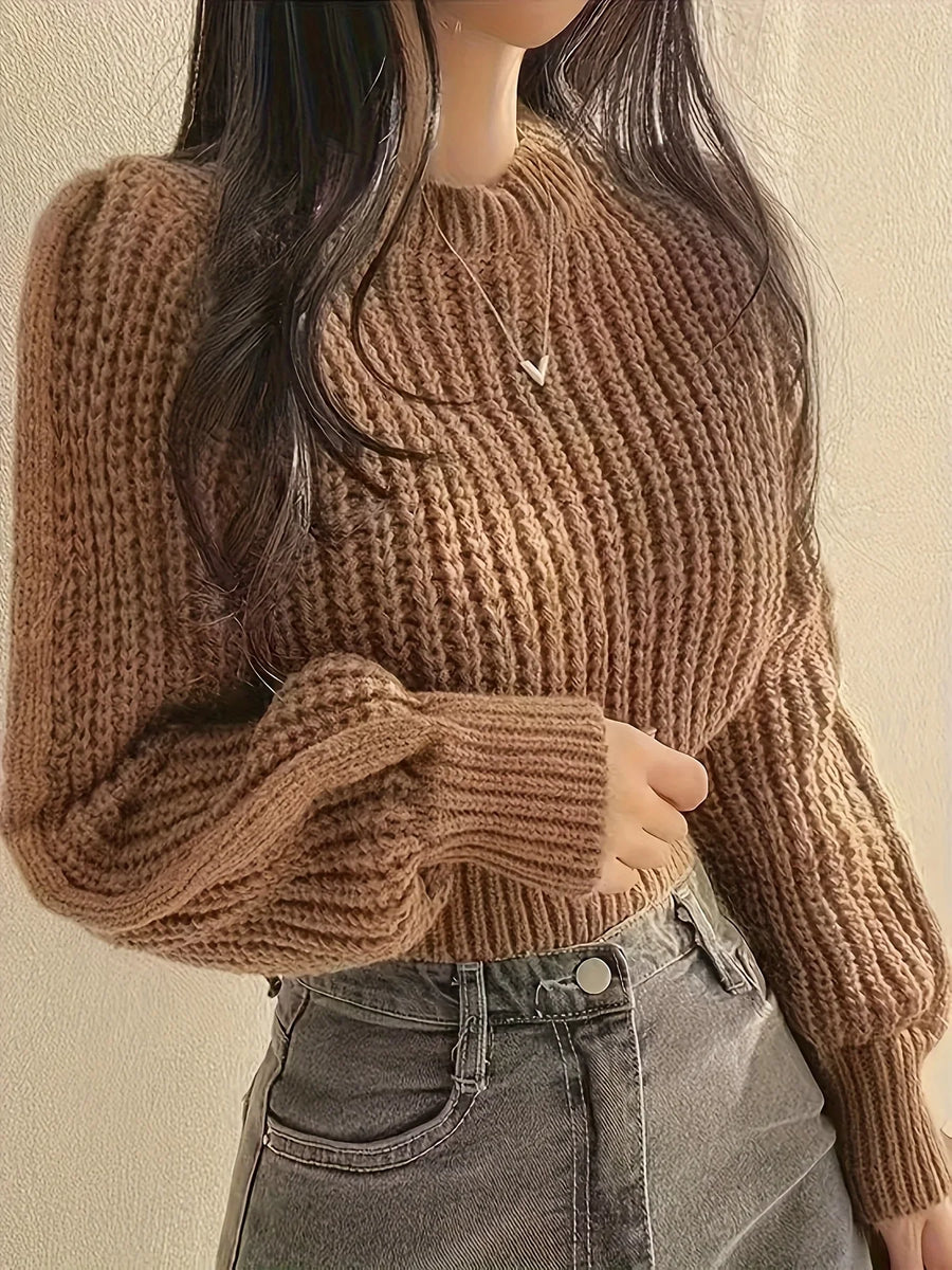 Pull court en maille côtelée pour femme, manches longues amples