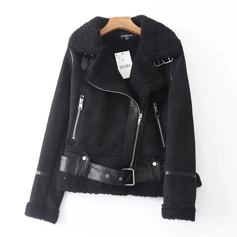 Women's Biker Aviator Jacket with Faux-Fur Collar and Lining - Black or Brown