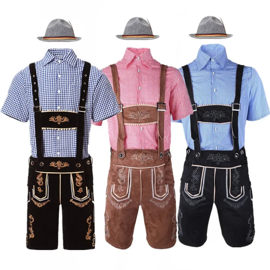 Costume da festa bavarese da uomo, camicia a quadri e pantaloncini Lederhosen