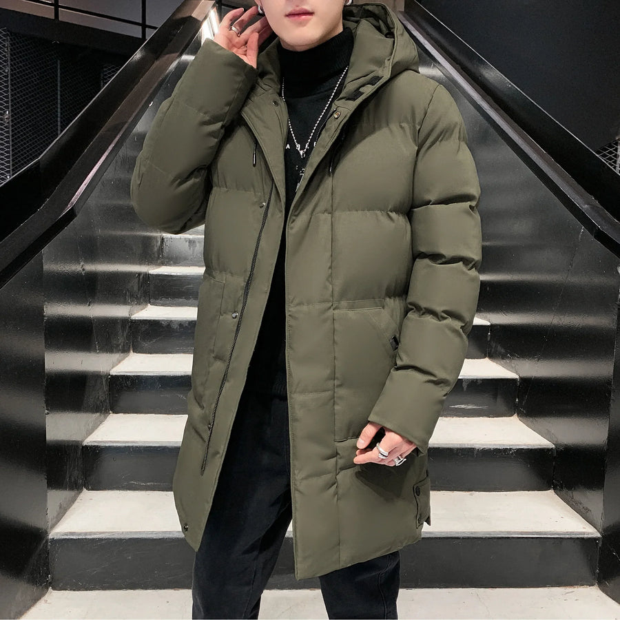 Manteau d'hiver homme matelassé long à capuche uni